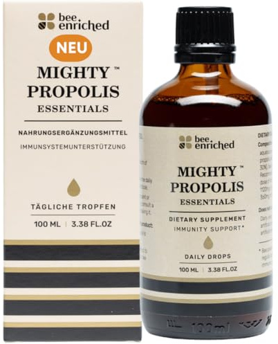 Propolis Tropfen ohne Alkohol 39% 1480 mg - Mighty Propolis Essentials 100 ml mit Bienen Pollen Hochdosiert - Natürliche Unterstützung bei Erkältungen auch für Kinder von Bee Enriched | Tinktur
