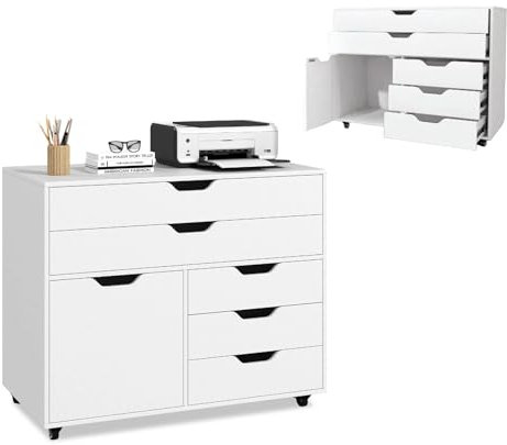 KOMFOTTEU Aktenschrank mit Rollen, Bürocontainer mit 5 Schubladen & 1 Schrank, Rollcontainer Schubladenschrank mit Tür, Bürowagen Bürocontainer 77,5 x 40 x 64 cm (Weiß)