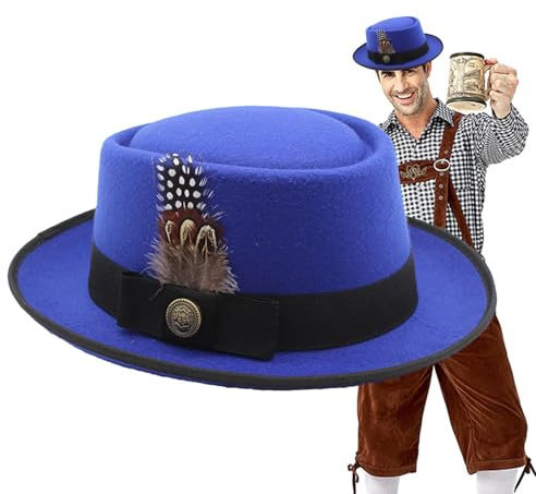 Krujecnt Oktoberfest Outfits Hut, Oktoberfest Hüte für Herren, Bayerischer Hut mit Feder, Embleme Oktoberfest Kostüm Accessoires, Oktoberfest Outfits Damen, mit Federn und Emblemen (Blau)