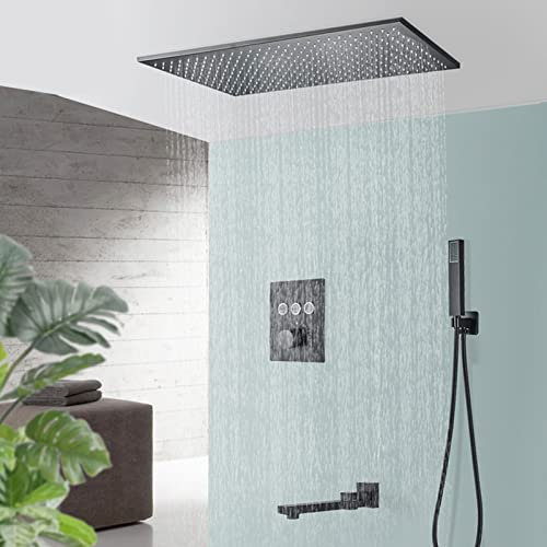 WDSOPK Sistema De Ducha Termostático Negro Mate, Cabezal De Ducha De Lluvia Grande para Montaje En Techo con Ducha De Mano, Caño De Bañera, Grifo De Ducha Oculto Y Grifo Mezclad