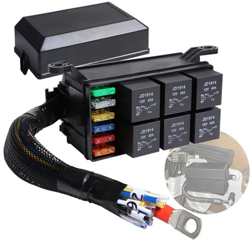 Shengbowi Caja de relés de 12 V, caja de fusibles de 6 vías, 12 AWG, precableada, impermeable, 6 ranuras, bloque de fusibles ATC/ATO, panel de relé universal, para automóvil, barco marino