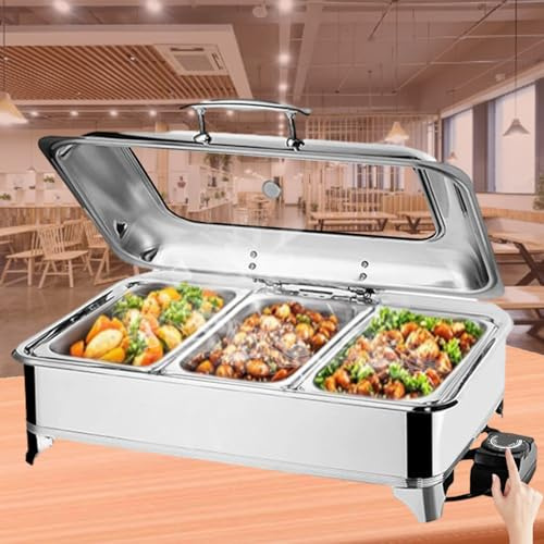 BOVDC Chafing Dish Buffet Electrique 35-85℃ Température Réglable(A,1/3 Pan) | 9L Chauffe Plat Buffet Electrique avec Couvercle en Verre Visible, Marmite Chauffante Buffet pour Restaurants Banquets