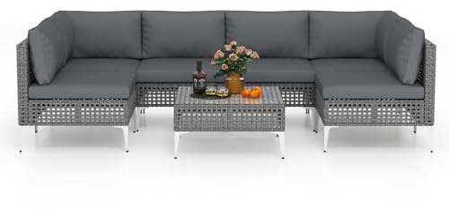 COSTWAY Lounge Möbel Outdoor, Rattan Gartenlounge mit Tisch und Kissen, frei kombinierbar, Gartenmöbel Set, Balkonmöbel, Terrassenmöbel, Sitzgarnitur, Sitzgruppe für Garten, Terrasse, Balkon