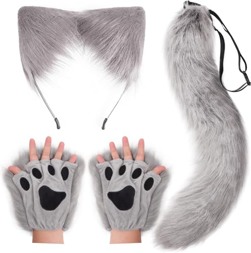 DRESHOW Wolf Fuchs Fellschwanz Ohren Stirnband und Handschuhe Set Cosplay Party Kostüm Super riesigen flauschigen Schwanz für Frauen
