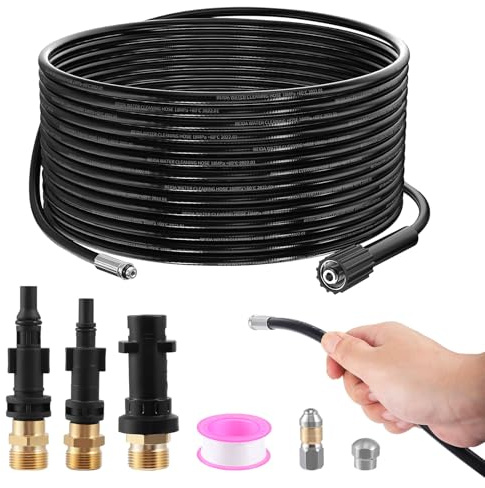 Tuyau de débouchage haute pression 15m 30m pour Kärcher K2-K7, Lavor, Bosch & Parkside. 3 adaptateurs, 2 buses et ruban téflon, Ultra résistant & polyvalent, Kit de nettoyage de canalisati (15M)