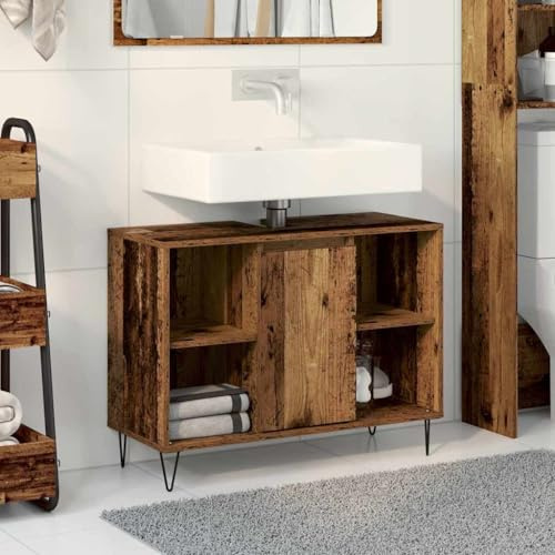ULUYYUC Badezimmerschrank Alter Holz Braun 60x30x82 cm mit Eisenbeinen & 1 Tür, rustikaler Medizinschrank aus Holzwerkstoff viel Stauraum für Bad WC Flur und Küche