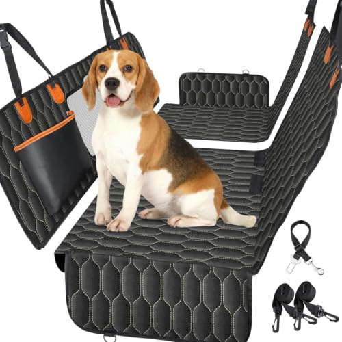 Dog Car Seat Cover with Mesh Window and Storage Pocket, Hammock Universal | Waterproof . Scratchproof. Nonslip Polyester. TPU Backseat Protector Liner. Fit for Cars, SUVs, Trucks