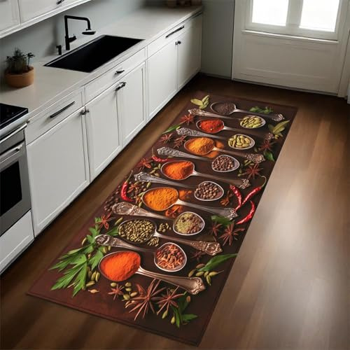Gewürze Küchenläufer 60 x 180 cm Gewürze und Silberlöffel rutschfest Waschbar Küchenteppich Pflegeleicht Teppich Läufer für Küche Flur Eingangsbereich Esszimmer