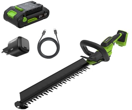 Greenworks Batteridriven häcktrimmer 24 V 51 cm med 2,0Ah batteri, borstlös motor, 28 mm dubbelverkande blad, Hedge Sweeper, USB-C-laddare inklusive HT2002A1