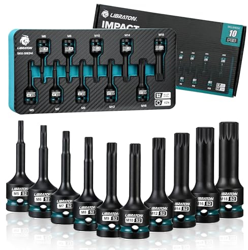 LIBRATON 10PCS Juego de Vasos de Impacto XZN Triple Cuadrado, 1/2 Dr | Acero S2, Vasos Poligonales de 12 Puntas Alto Par (Métrica M5-M18) para Mecánicos y Reparación de Automóviles (Estuche XPE)