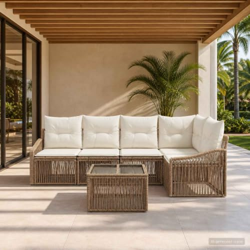 Ziaphsol Trädgårdssockset 6 delar, beige poly-rotting väderbeständig, modulär loungegrupp för terrass, balkong, trädgård, sittgrupp med justerbara fotdynor och avtagbara örngott för avslappnade