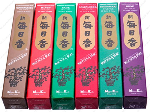 Morning Star Sandlewood Scent Japanese Incense Sticks, 6 Box of 50 Sticks (Sage, Sandalwood, Cedarwood, Musk, Frankincense and Myrrh)