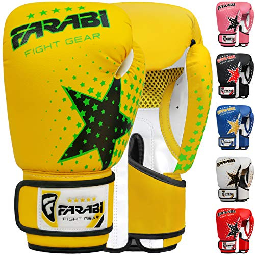 Farabi Sports Kids boxningshandskar Pojkar och flickor kickboxningshandskar 6-oz ungdom, junior boxningshandskar barn för MMA, Muay Thai, boxningssäck och träning för ålder 5-10 år (Yellow, 6-oz)