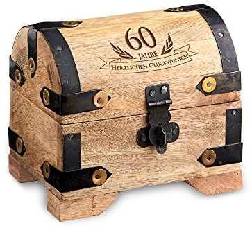 Casa Vivente Kleine Schatztruhe zum 60. Geburtstag, Schmuckkästchen mit Gravur, Aufbewahrungsbox aus hellem Holz, Verpackung für Geldgeschenke