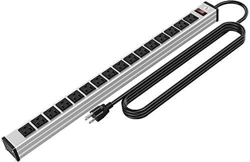 Oviitech 16 Outlets Heavy Duty Metal Socket Power Strip,15-Foot Long Extension Cord with Circuit Breaker. Mounting Brackets Included, Workshop/Industrial use, ETL Certified, Black