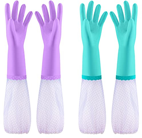 Elgood 2 Paar Wiederverwendbare Haushaltshandschuhe, latexfreie, mit Baumwolle gefütterte Putzhandschuhe, Gummihandschuhe für Küche, Geschirrspülen, Reinigen (Lila + Blau, Langarm, Größe M)