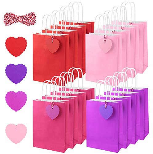FEPITO 16PCS rot und rosa Geschenktüte Papiertüte Geschenkpackpapierbeutel Papiergeschenkbeutel Parteibeutel Griff und 60 PCS Herz Papier-Tags mit Schnur für Geburtstagsparty, Valentinstag Hochzeit