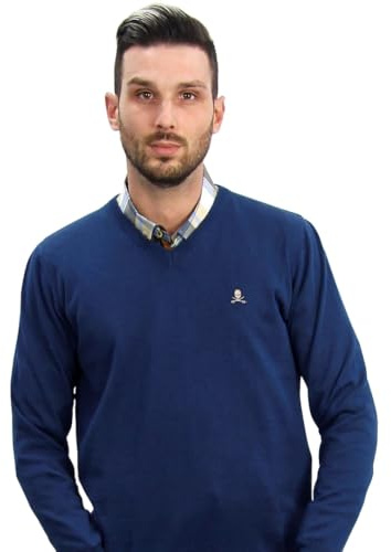 Jersey de Hombre Cuello Pico de Algodon Manga Larga de Marca Modelo Basico para Vestir Punto Fino (AZULON, XXL)