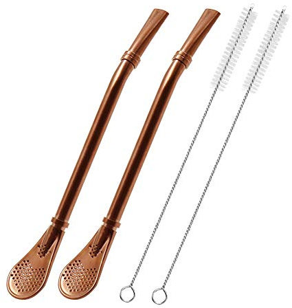 Lot de 2 pailles en acier inoxydable avec cuillère filtrante, pour thé glacé, cocktail, avec 2 brosses de nettoyage (or rose) D-V004