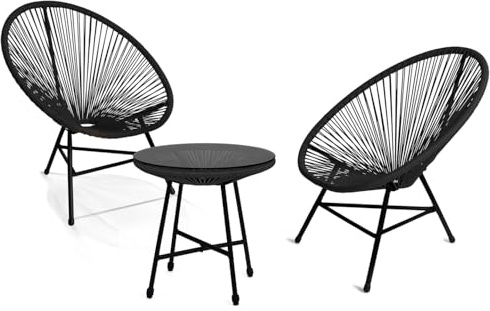 IDMarket - Salón de jardín Izmir Mesa y 2 sillones Huevo Cordage Negro