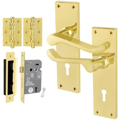 EAI Polished Brass Door Handles with Sash Lock 64mm and Hinges | Complete Sash Lock Kit with 1 Pair of Victorian Scroll Lever Door Handles, 64mm Sash Lock, Hinges, Fixings Included