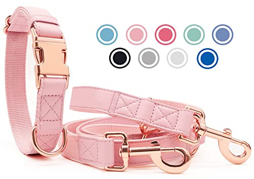 Weich Leder Hundehalsband und Leine (2m) Set - 3-Fach Verstellbar Hundeleine mit Halsband, Stilvollen Rose Gold Metall Schnalle & Nylon Hund Leinen für Welpen Kleine Mittlere Große Hunde Rosa,L