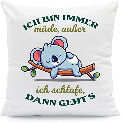 GRAVURZEILE Kissen mit Spruch - Ich Bin Immer müde ausser ich schlafe - bedruckter Bezug mit Reißverschluss - Witzige Geschenk für Freunde zum Geburtstag Weihnachten Farbe mit Füllung