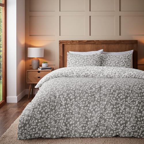 Catherine Lansfield Brushed Grace Floral Leaf Cotton Reversible Double Duvet Cover Set with Pillowcases Grey