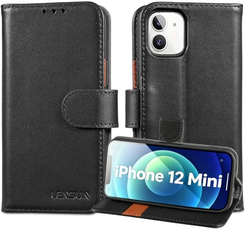 LENSUN Echtleder Handyhülle für iPhone 12 Mini, Schwarz | Echtes Leder Hülle, Magnetverschluss, RFID Schutz Kartenfach, Handytasche, Flip Lederhülle
