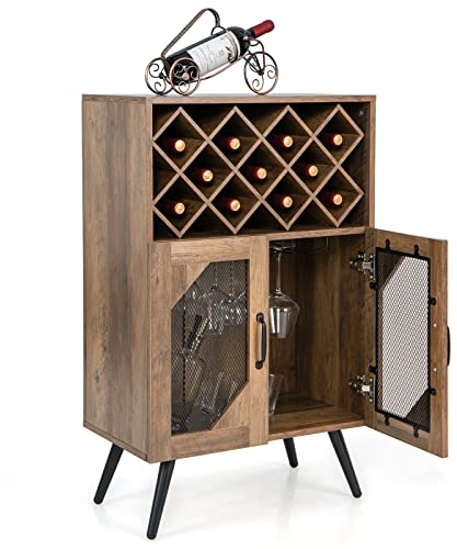 COSTWAY Küchenschrank, Weinschrank mit abnehmbarem Weinregal und integrierten Glashaltern, Buffetschrank Holz für 11 Weinflaschen & 9 Weingläser, Sideboard 59,5 x 33,5 x 93,5 cm, Vintage