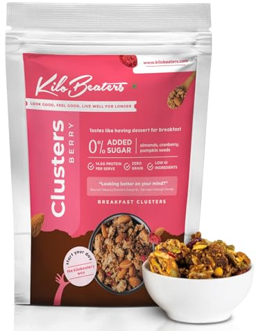 KILOBEATERS Clusters Muesli, Low Carb Breakfast Cereals with High Protein, No Added Sugar, Diet Food, Berry (400 gm) Pack of 1