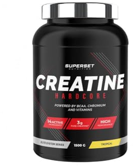 Superset Nutrition - Creatine Hardcore (1,5kg) - Poudre soluble - 3g de créatine monohydrate par dose, BCAA, Glucides - Récupération optimale et puissance - Adaptée aux sports intenses - Tropical