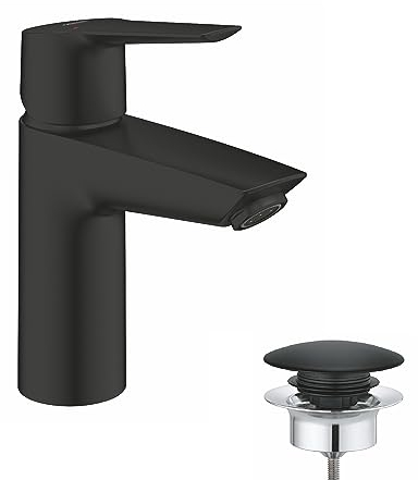 GROHE Start, Waschtischarmatur wassersparend (Wasserhahn für das Bad, Badarmatur mit Pop-Up Ablauf, 17cm hoch, mit 3in1 Werkzeug, einfache Installation am Waschbecken), schwarz, 235502432