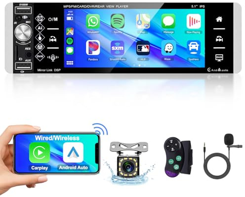 Podofo Wireless Carplay Autoradio 1din mit 5,1’’ Bildschirm Bluetooth FM/AM/RDS 2 USB Wireless Android Auto AUX/SD/Lenkradsteuerung Mirror link mit Rückfahrkamera DVR