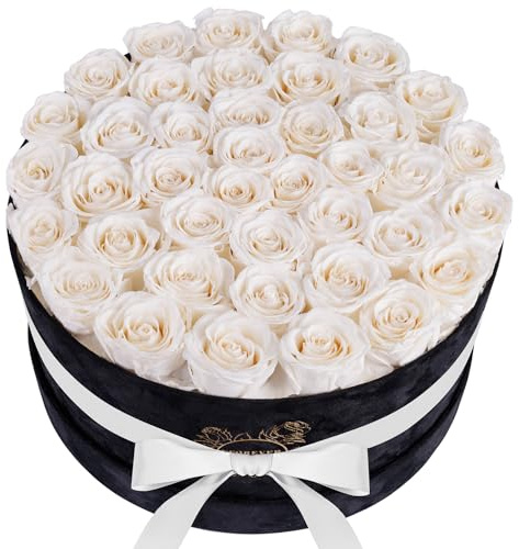 UFOREVER ROSES 40 Pieces Preserved Roses in Suede Box, Flowers for Mothers Day, Preserved Flowers Gift for Women, White