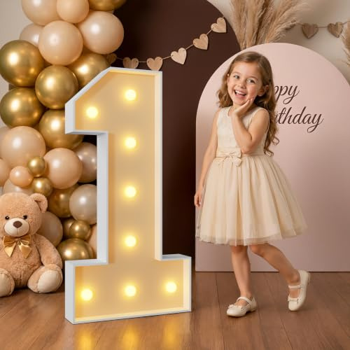 3FT Light Up Numbers Birthday Decorations Big Cardboard Number 1 for 1st 18th 21st Wedding Anniversary Party Decor, Large Marquee Numbers Birthday Arch Kit Mosaic Pre-cut