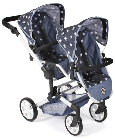 Bayer Chic 2000 - Cochecito para muñecas Linus Duo, Cochecito Doble para niños de 4 a 8 años, Carro de muñecas tándem, Estrellas Azul Marino, 690-51