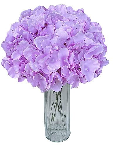 UoYeet Lot de 10 fleurs d'hortensia artificielles en soie : têtes d'hortensia blanches de qualité supérieure avec longues tiges pour décoration d'intérieur et projets de bricolage, mauve