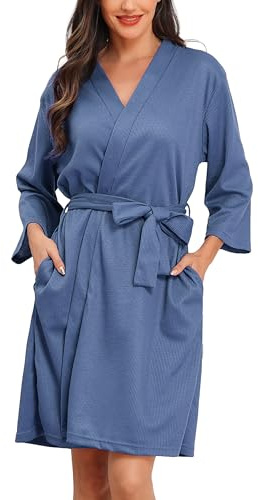 Lovasy Leichter Bademantel Waffelpique Damen 3/4 Ärmel Saunamantel Waffelstrick Morgenmantel Weich Knielang Loungewear mit Gürtel Taschen