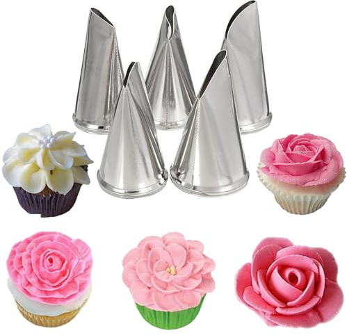 5Pcs Rose Piping Nozzles, Stainless Steel Piping Tips Rose Shape Icing Nozzles Multi Opening Cake Piping Kit for Cupcakes Fondant Decoration DIY Baking