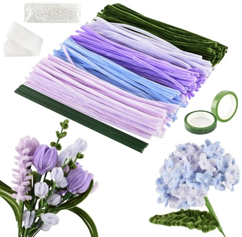 Joyblossom Set de Limpiapipas Flores, 250 piezas Limpiapipas Manualidades, Limpia Pipas Multicolor, con Cinta Verde para Flores, para Regalos Artesanales y Decoración, Violeta