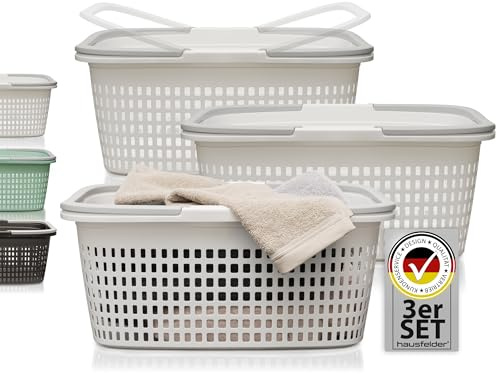 Hausfelder Wäschekorb Kunststoff, 3er Set, 58x37x25cm, Weiß | Wäschekorb Kunststoff mit Henkel 3er Set, stabil belastbar 15kg, stapelbar platzsparend, BPA-frei wetterfest