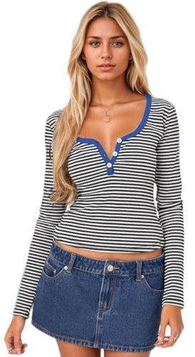 EMOTTOS Maglietta Donna Y2K, Sexy Button Down con Scollo a V e Manica Lunga Slim Fit, Crop Tops Snellente in Cotone Elasticizzato a Righe Semplici, Nero, S