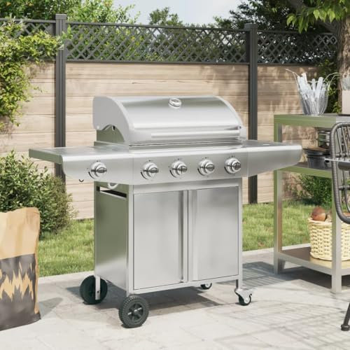 Tidyard Barbecue à gaz avec 5 brûleurs argenté Acier Inoxydable Fumoir à Four Multifonctionnel Gril d'extérieur pour Fumer, Griller et Cuire Style A