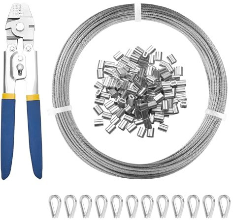 VEVOR Drahtseil-Set, Ф1,59mmx20,2m, 304 Edelstahlkabel mit Crimpzange, 160 Hülsen und 12 Kauschen, 7x7 Litzen, Bau-Marine-/Flugzeugqualität für Handläufe, Treppen, Terrassen, Zäune im Außenbereich