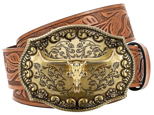 JasGood Western läder cowboy bälte för män kvinnor långhorn spänne cowgirl bälte blommig graverad präglad vintage unisex bälte för jeans, BRUN, 120cm: Fit Taille Größe 97cm-106cm