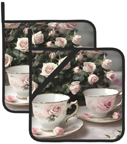 YHBLYKXP Set di 2 tazze da tè con rose romantiche presine con stampa shabby chic, presina resistente al calore, per barbecue