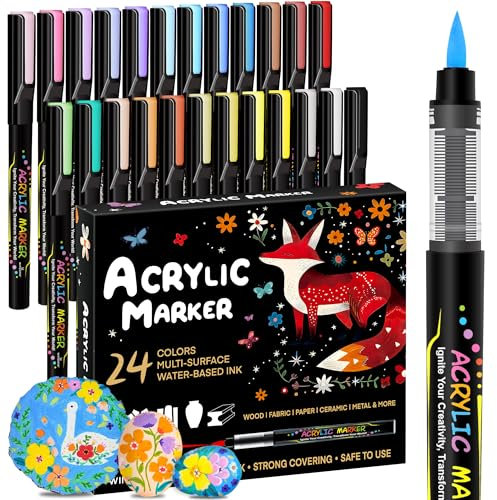 WINSONS Paint Pens, 24 Colours Acrylic Markers, Colouring Pens, Smooth, Non-Toxic, Waterproof, Suitable for Paper, Eggs, Cap, Fabrics, Stones, Pottery, Glass, Plastics, Handicrafts