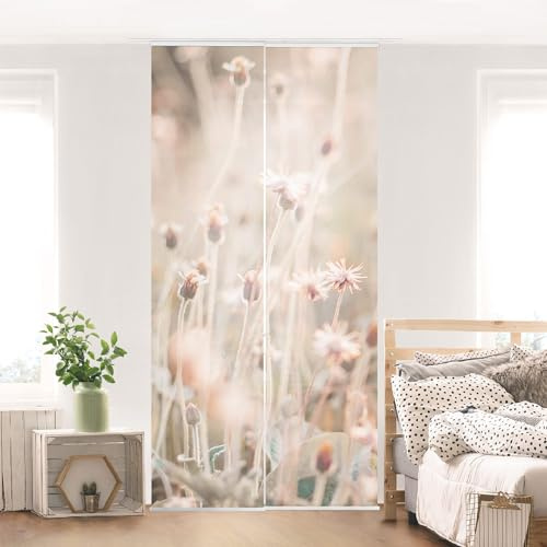 micasia Schiebegardine halbtransparent 60er Paneel Klett Blumen Textil lichtdurchlässig - Blumenwiese Landhaus Flächenvorhang beige Wohnzimmer Schlafzimmer 2496 (120x250 cm - 2er Set)