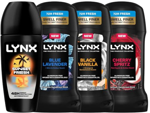 Lynx Antiperspirant Men's 4 Pack Bundle of 50ml Sunset Fresh Roll-On, 50ml Sticks in Black Vanilla, Blue Lavender & Cherry Spritz for Long-Lasting Odour Protection